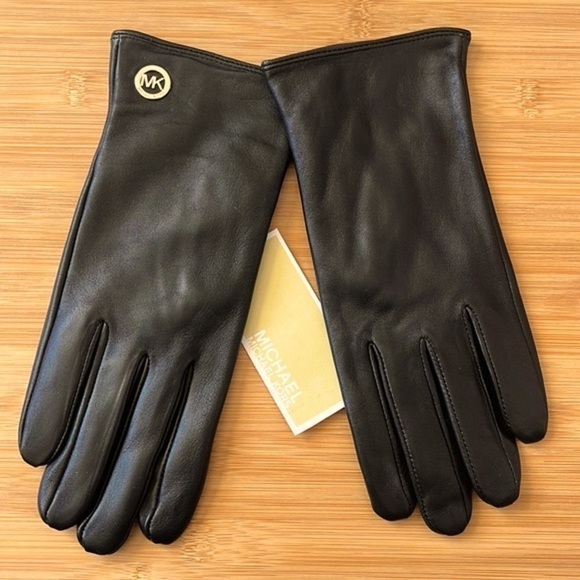 Brand New Michael Kors Black Genuine Leather Gloves w/ Gold Tone Logo Accent - Picture 1 of 14